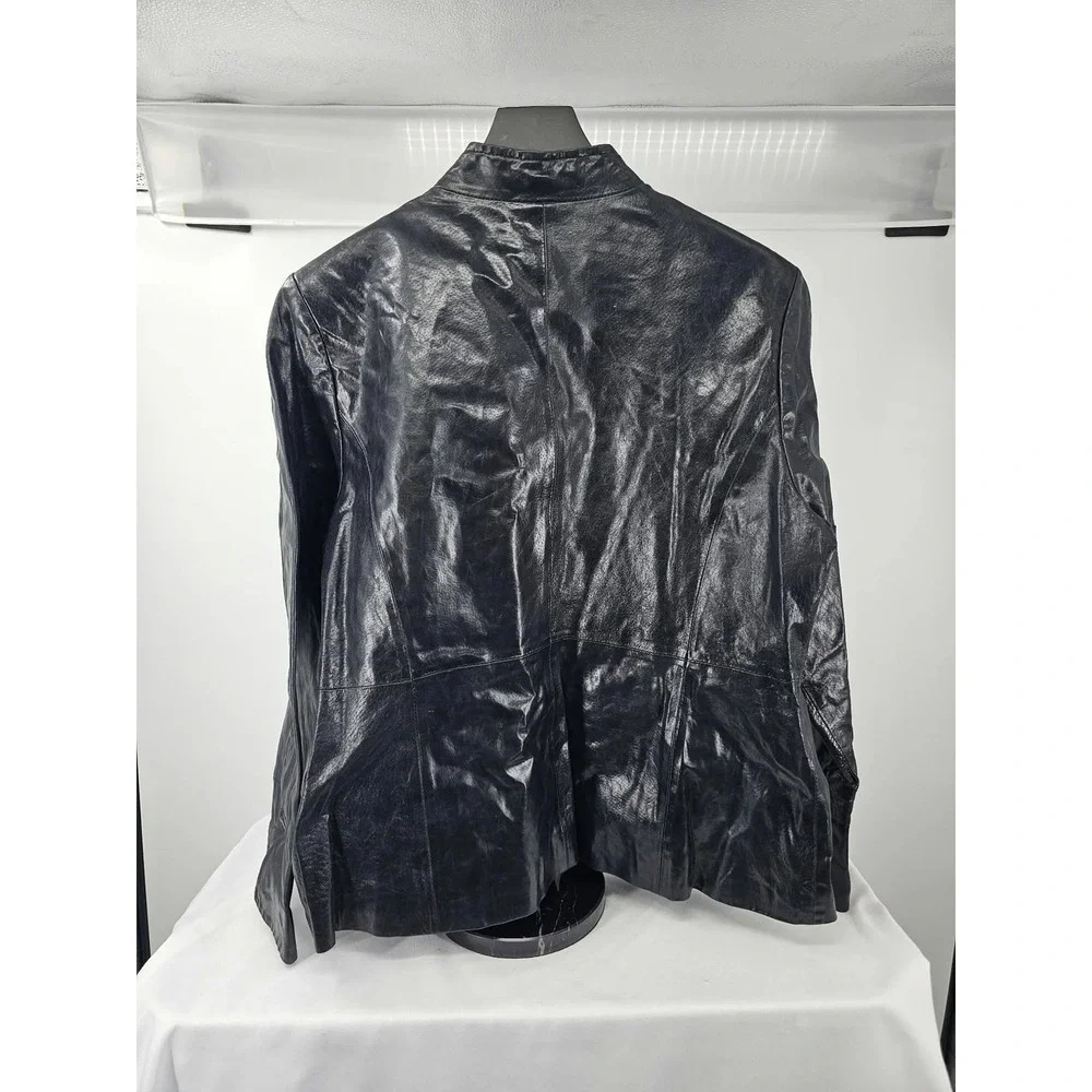 Pamela McCoy Womens Black Genuine Leather Full Zip Mandarin Collar Jacket 1X